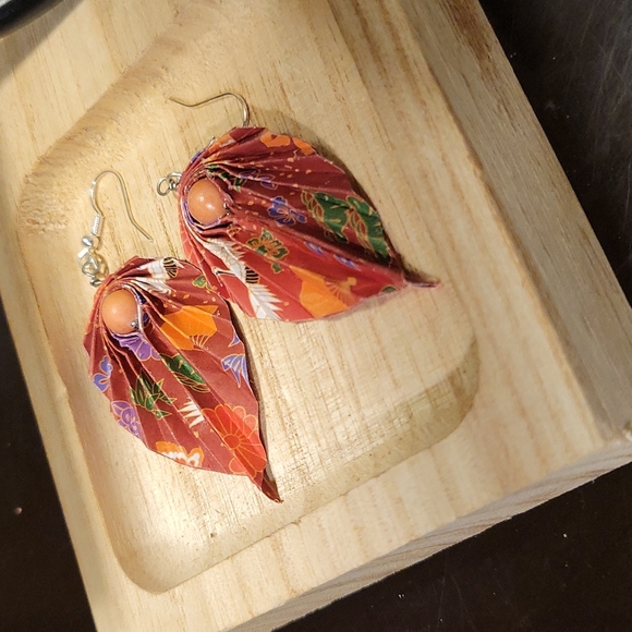 Hand Folded Origami Leaf Earrings Burnt Orange with Matching Bead Sterling - Picture 4 of 8